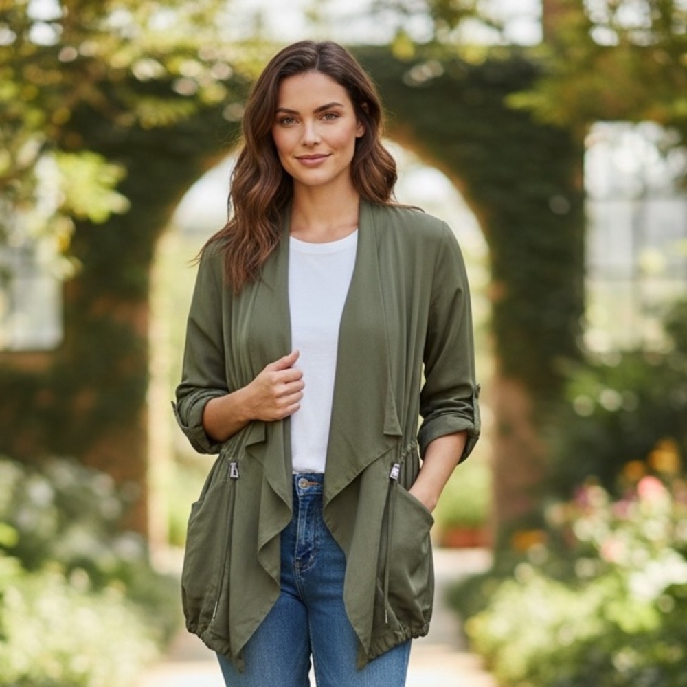 Carolina Belle Sage Green 100% Tencel Open Front Jacket Size Large